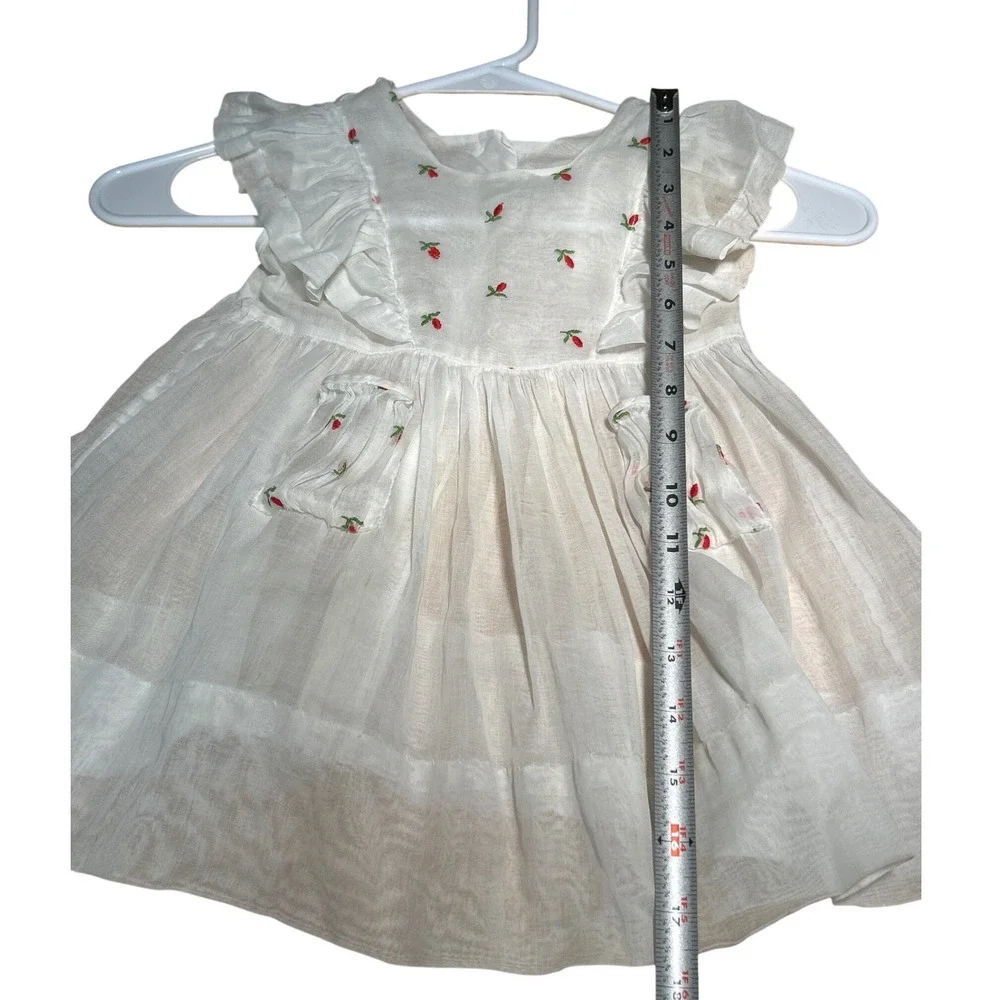 VTG Girls White Embroidered Floral Ruffle Flutter Sleeve Button Back Dress‎ 9mo